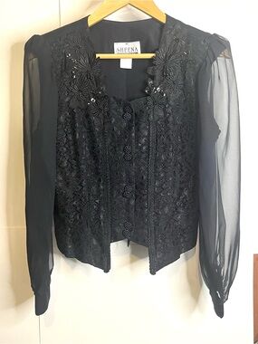 Sheena Collection (VTG S, Fits XS) Black Lace Front Evening Blouse - AS IS
